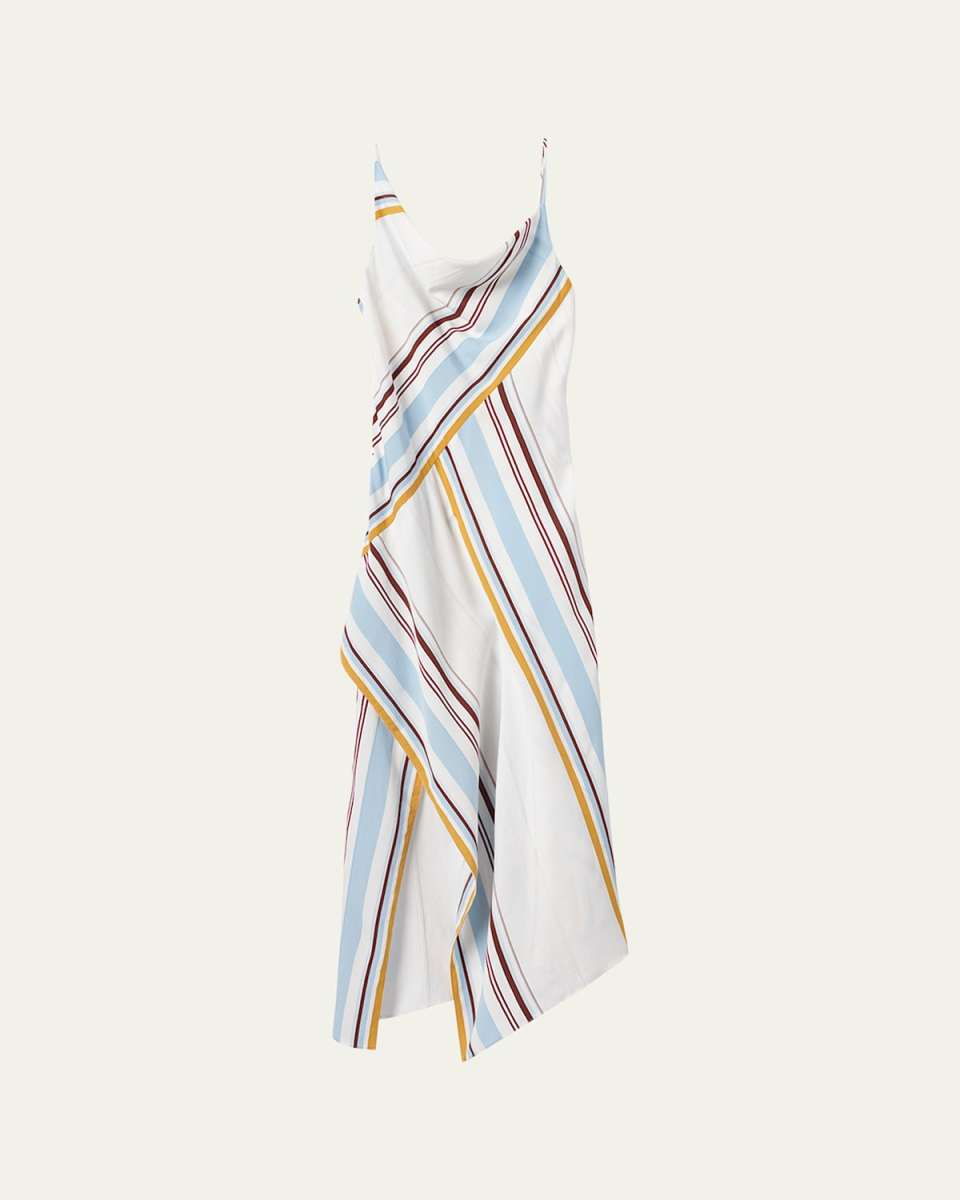 Lauren Asymmetric Stripe Cowl-Neck Sleeveless Midi Dress