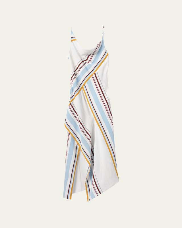 Lauren Asymmetric Stripe Cowl-Neck Sleeveless Midi Dress