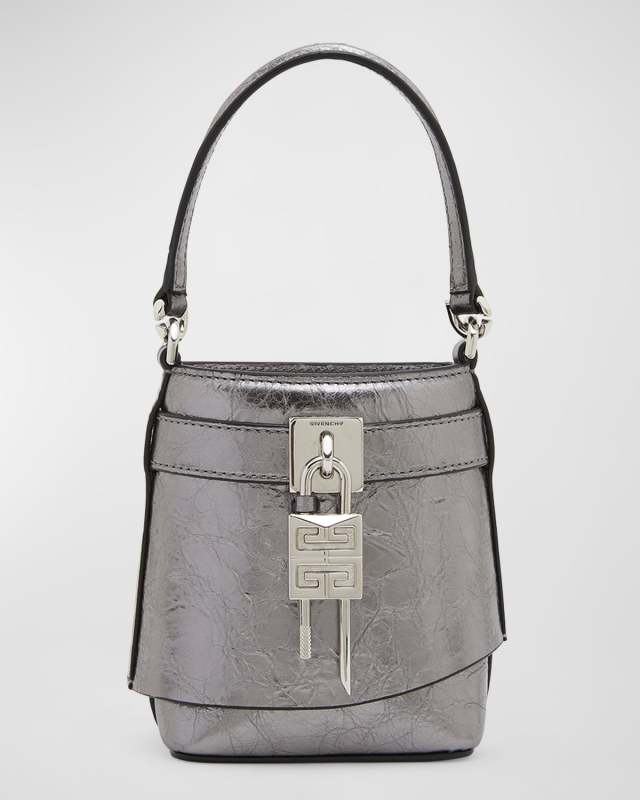 Shark Lock Micro Bucket Bag in Metallized Laminated Leather