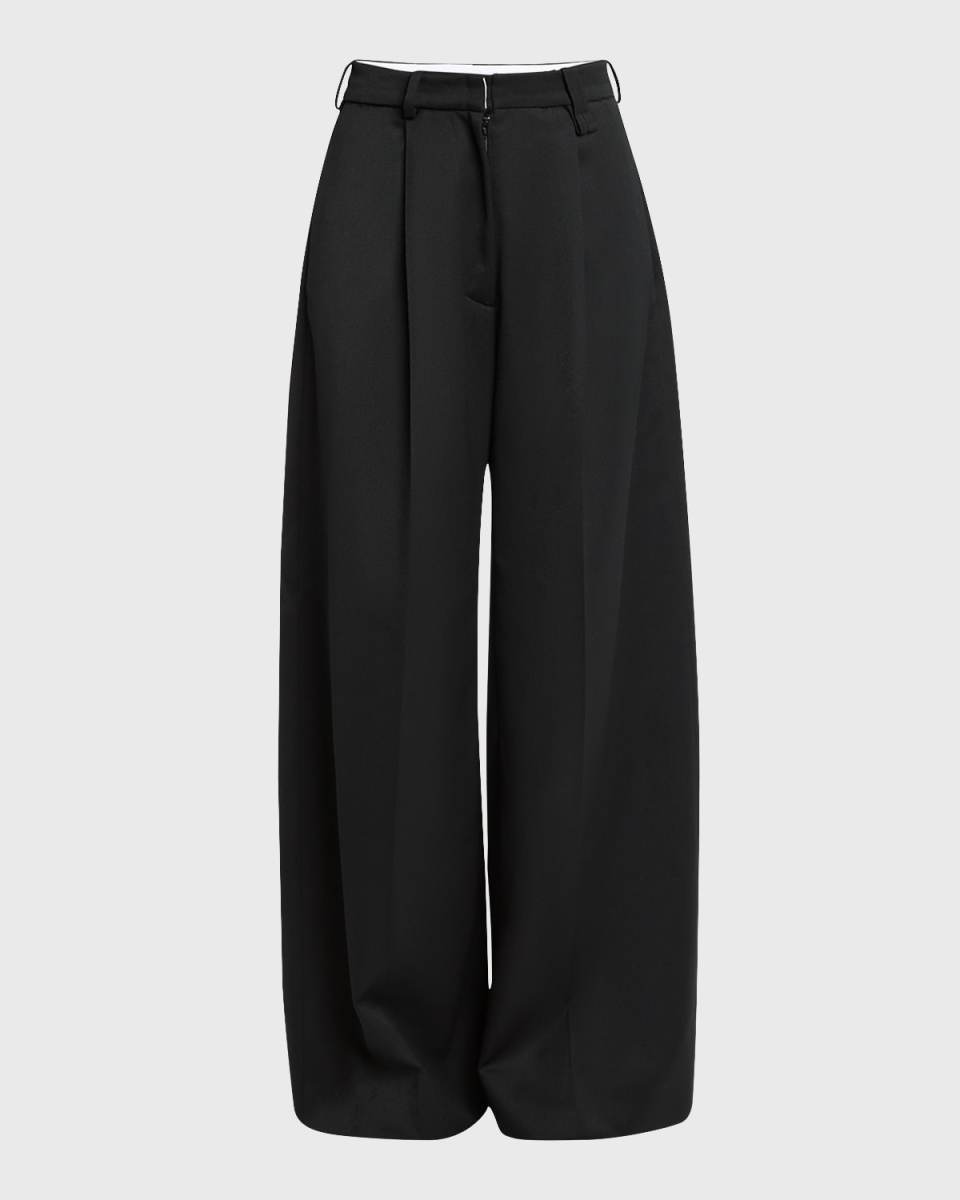Faux-Fur Trim Pleated Wide-Leg Trousers