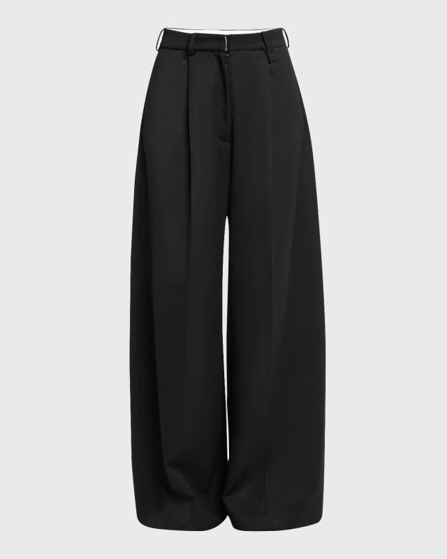 Faux-Fur Trim Pleated Wide-Leg Trousers