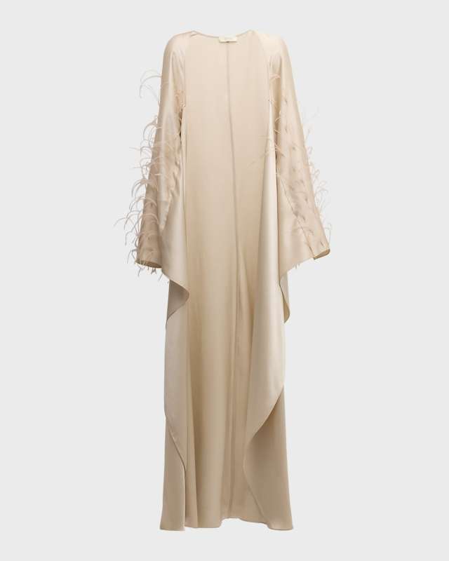 Feather-Embellished Doubleface Satin Long-Sleeve Caftan