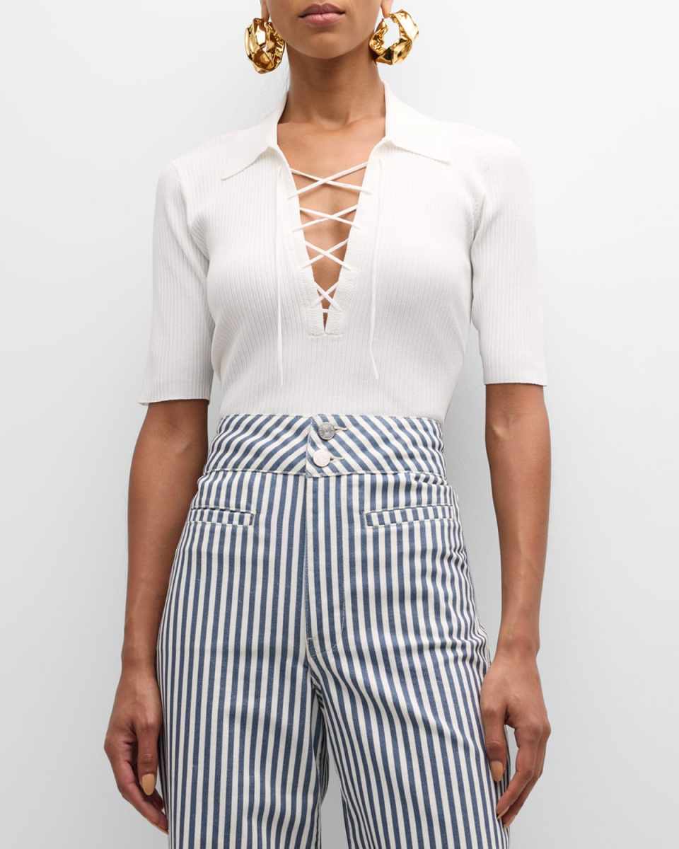 Lace-Up Short-Sleeve Polo Sweater