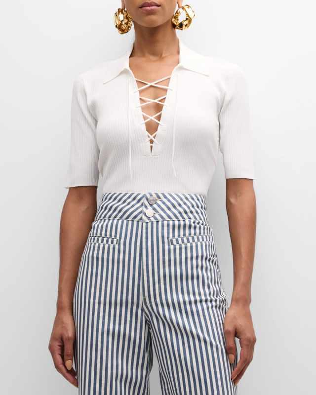 Lace-Up Short-Sleeve Polo Sweater