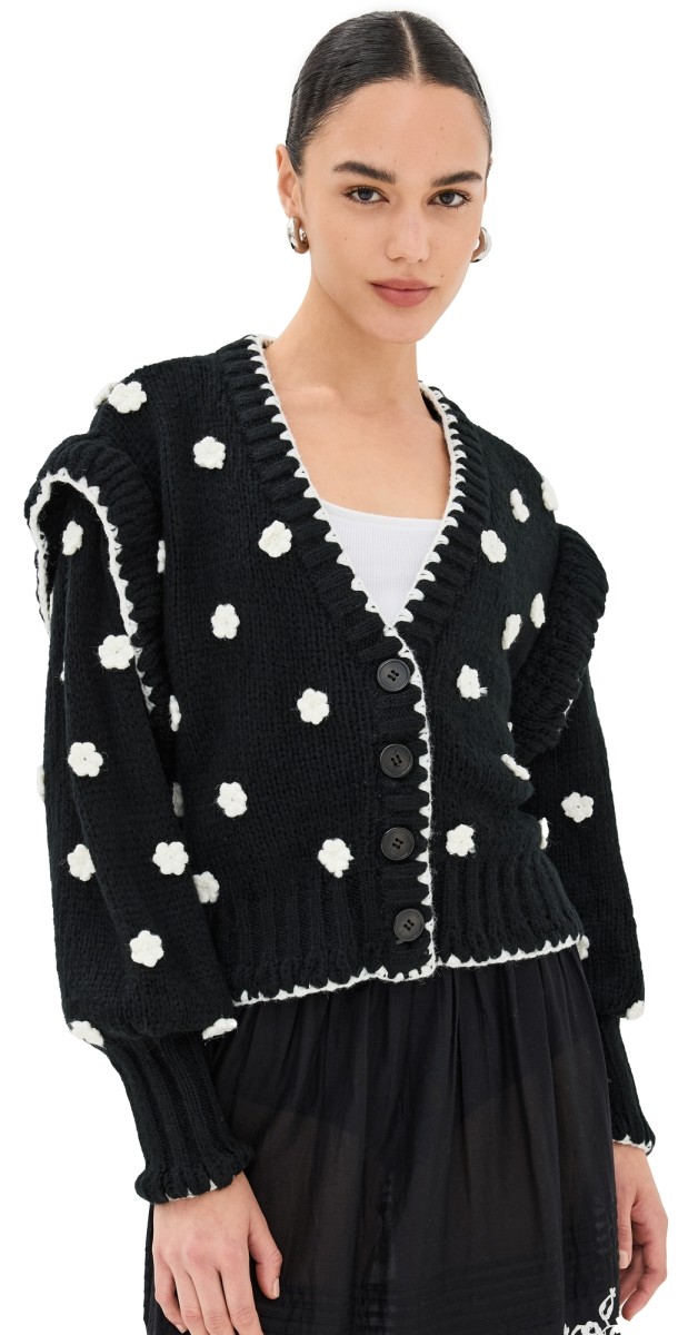 FARM Rio Black and White Flowers Knit Cardigan Black and White