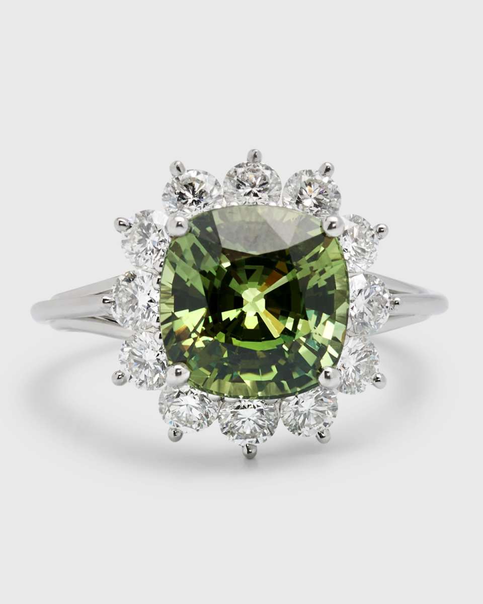 Estate Platinum Yellow-Green Sapphire Cushion and Diamond Halo Ring, Size 6.75