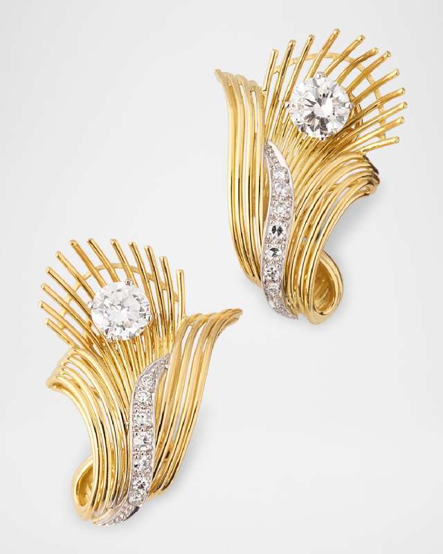 Estate 18K Gold and Platinum 16 Diamond Floral Spray Earrings