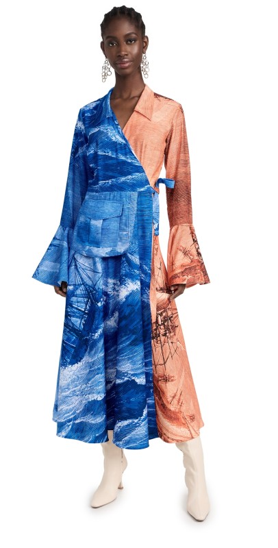 Thebeagugu Bi-Colour Ship Wreck Wrap Dress Copper Orange and Sky Blue