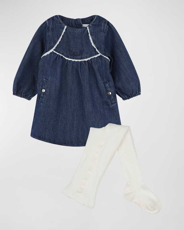Girl's Logo-Embroidered Denim Dress W/ Tights, Size 6M-3