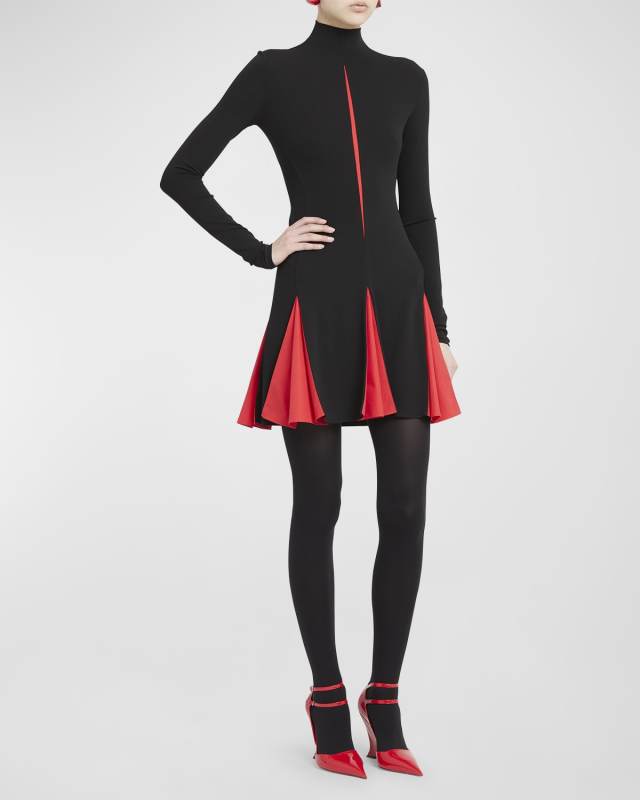 Contrast Jersey Mini Dress with Pleated Detail