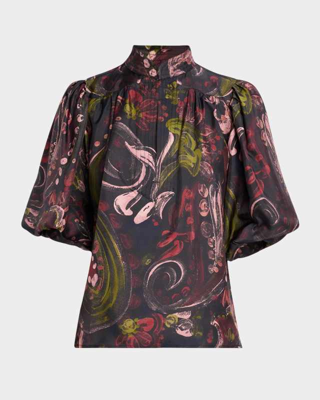 Dani Floral-Print Puff-Sleeve Silk Top