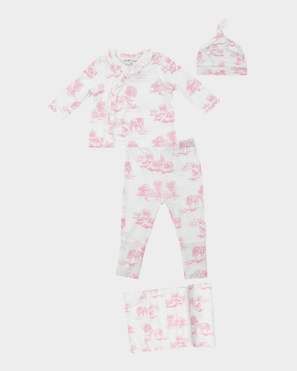 Girl's Farm Toile Four-Piece Set, Size Newborn-3M
