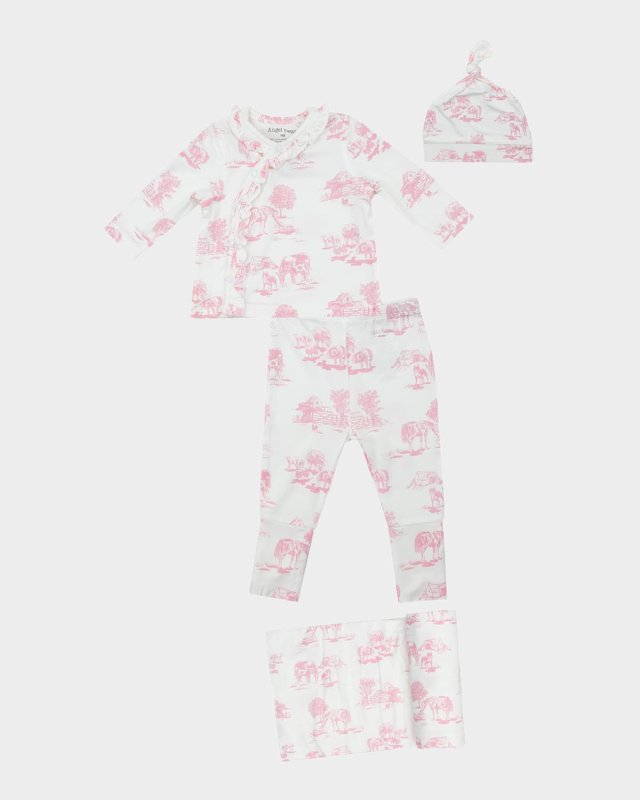 Girl's Farm Toile Four-Piece Set, Size Newborn-3M