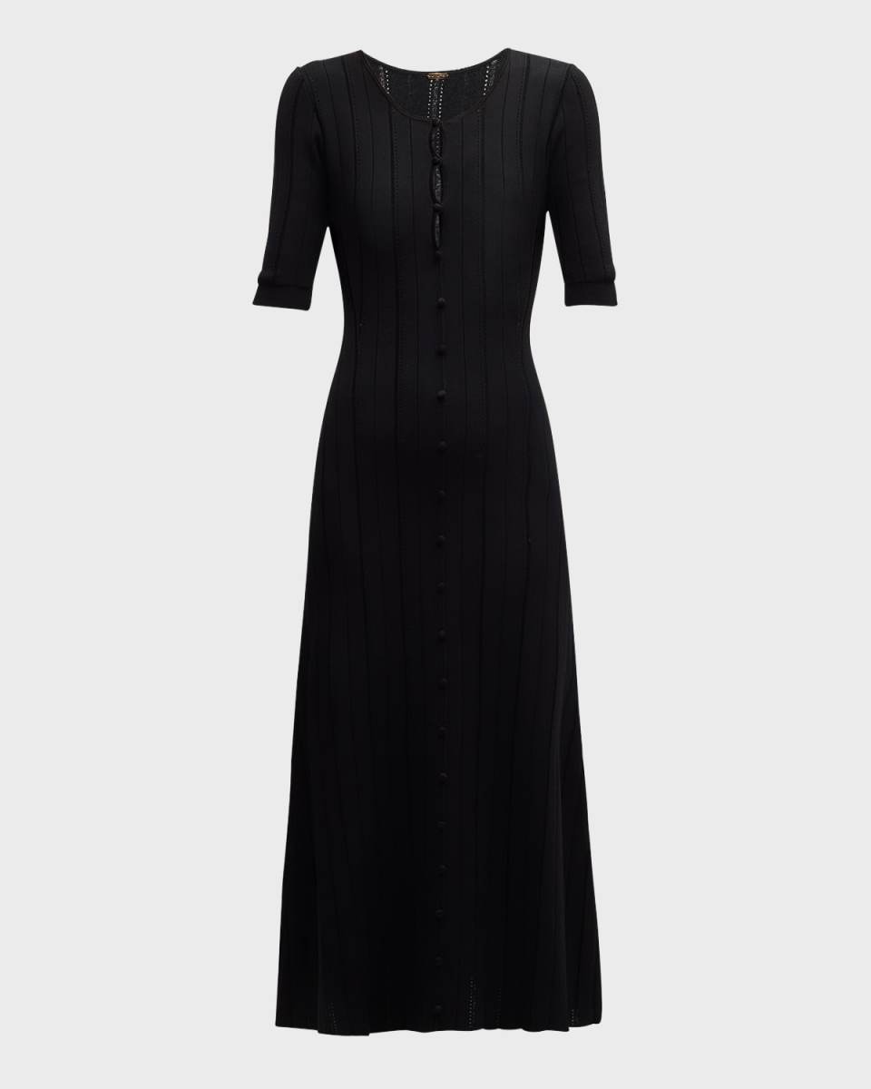 Arden Eyelash Pointelle Knit Elbow-Sleeve Midi Dress