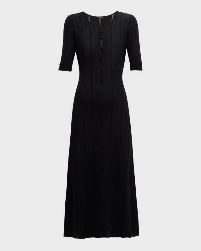 Arden Eyelash Pointelle Knit Elbow-Sleeve Midi Dress