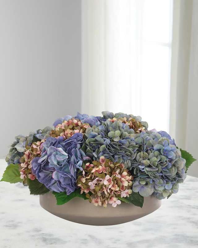 Hydrangeas 19" Faux Floral Arrangement in a Concrete Bowl