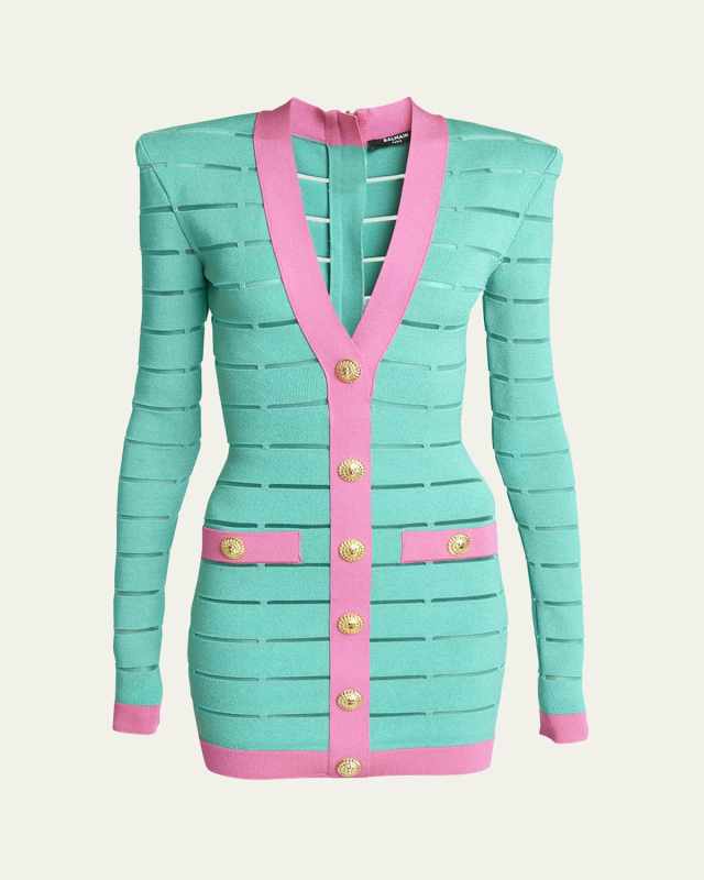 Bicolor Buttoned Body-Con Knit Mini Dress