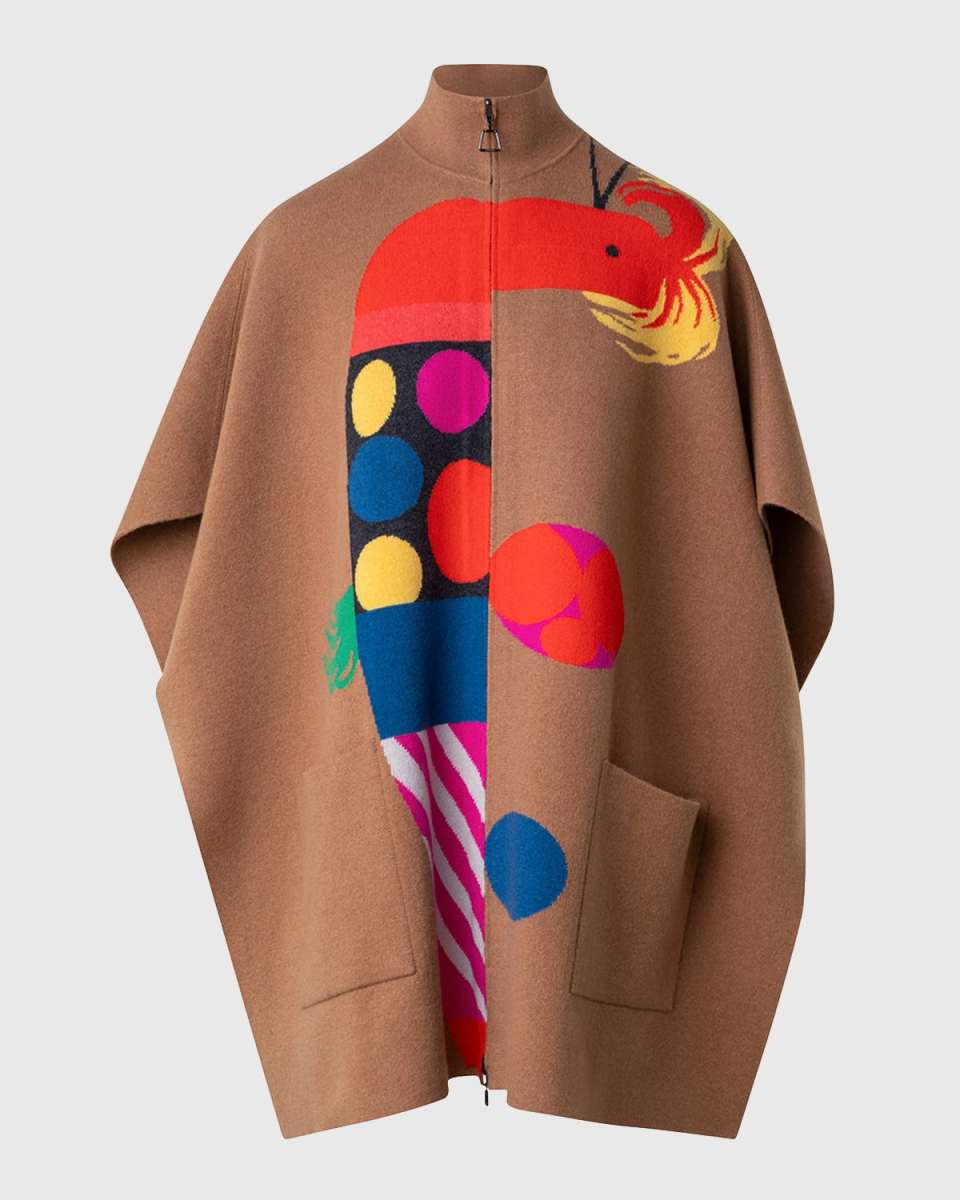 Reversible Rooster Intarsia Cashmere Double-Face Knit Cape