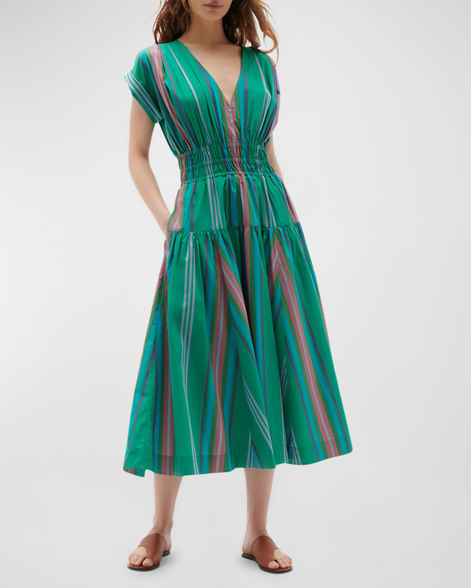 Clarette Striped Smocked Cap-Sleeve Midi Dress
