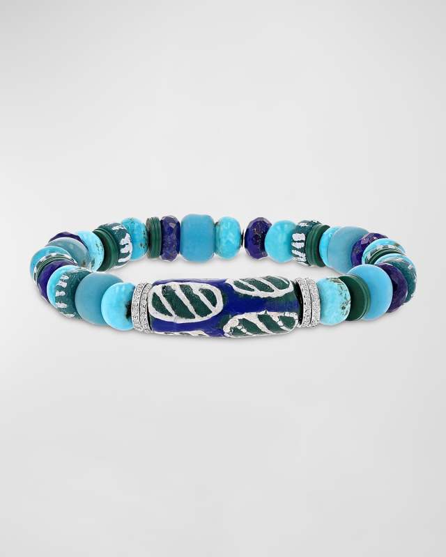 Turquoise and African Trade Mix Beaded Bracelet with 4 Pave Diamond Rondelles
