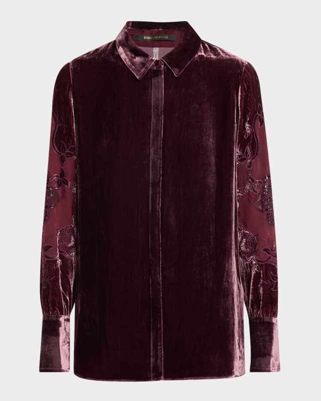 Essie Floral-Embroidered Velvet Blouse