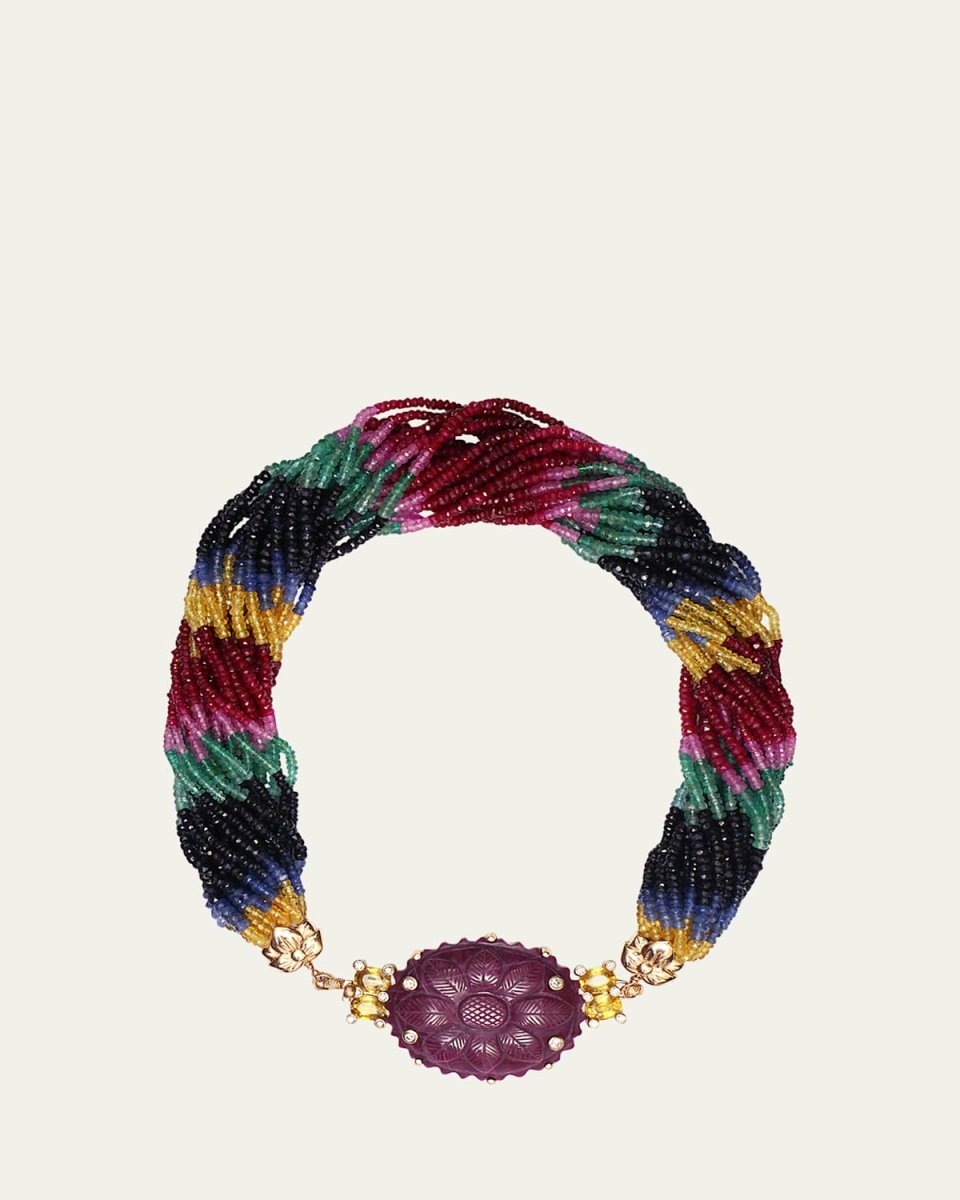 Hand-Carved Ruby, Yellow Sapphire, Sapphire Bead and Diamond Necklace in 18K Gold