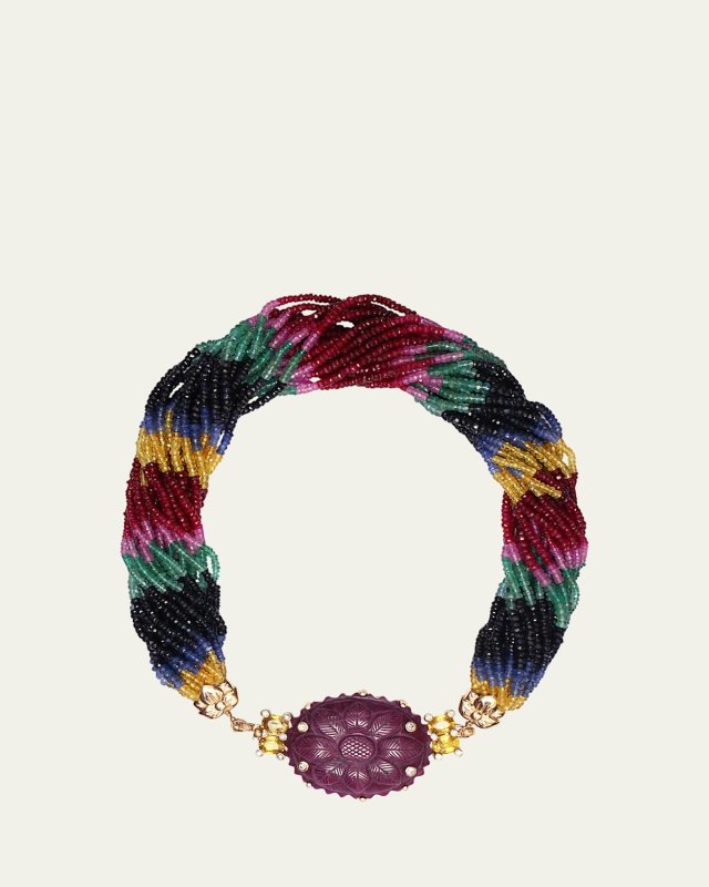 Hand-Carved Ruby, Yellow Sapphire, Sapphire Bead and Diamond Necklace in 18K Gold