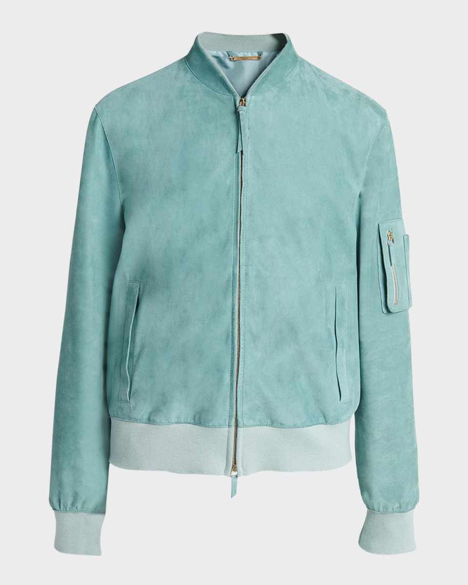 Suede Zip-Front Bomber Jacket