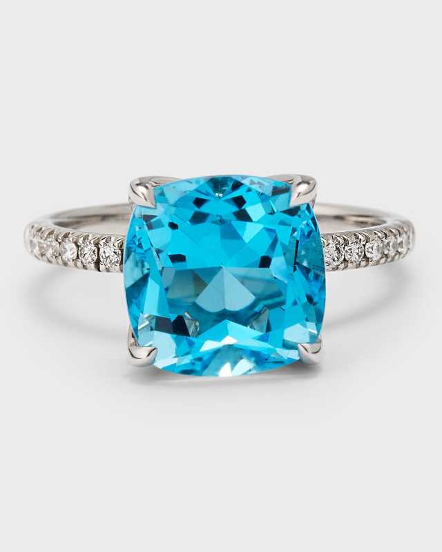 18K White Gold Swiss Blue Topaz Statement Ring with Diamonds, Size 6