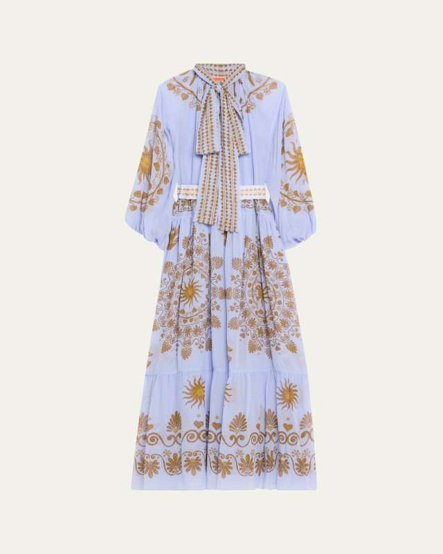Athena Placee Embroidered Maxi Dress with Tie Neck