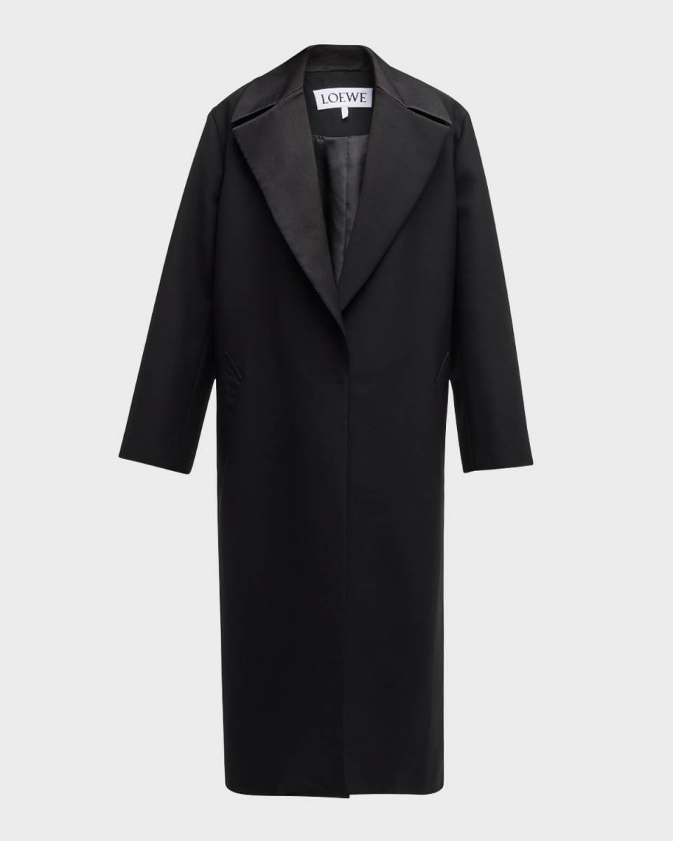 Satin-Lapel Oversized Tailored Long Coat