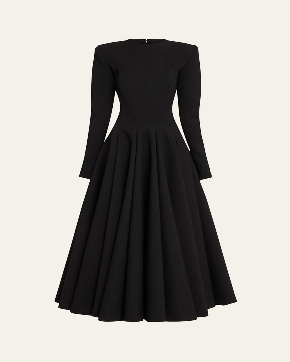 Long-Sleeve Pleated-Skirt Midi Dress