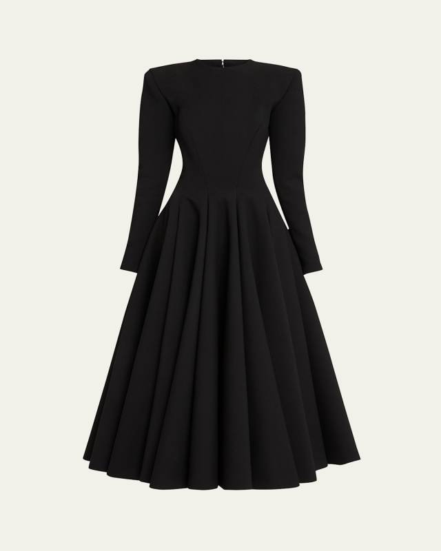 Long-Sleeve Pleated-Skirt Midi Dress