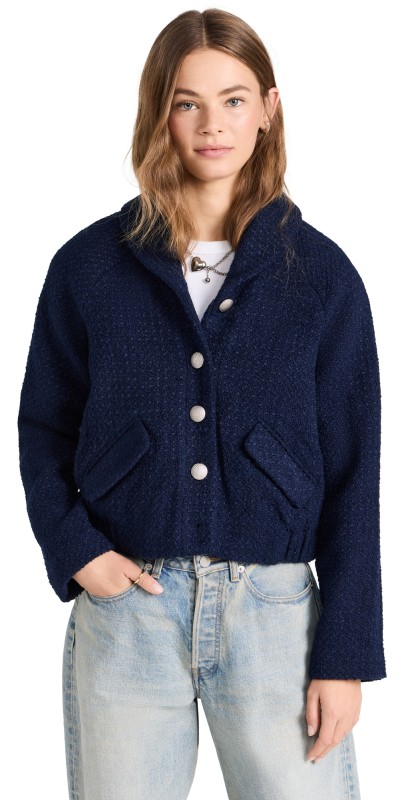 endless rose Boucle Tweed Buttoned Bomber Navy
