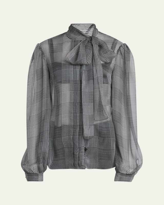 Prince Of Wales Printed Silk Chiffon Blouse with Tie Neck