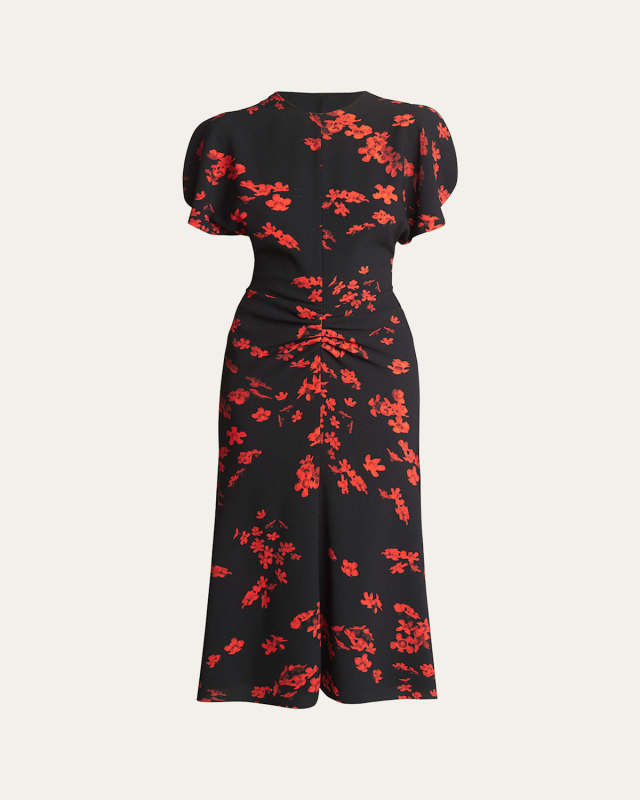 Gathered Waist Floral Print Midi Dress