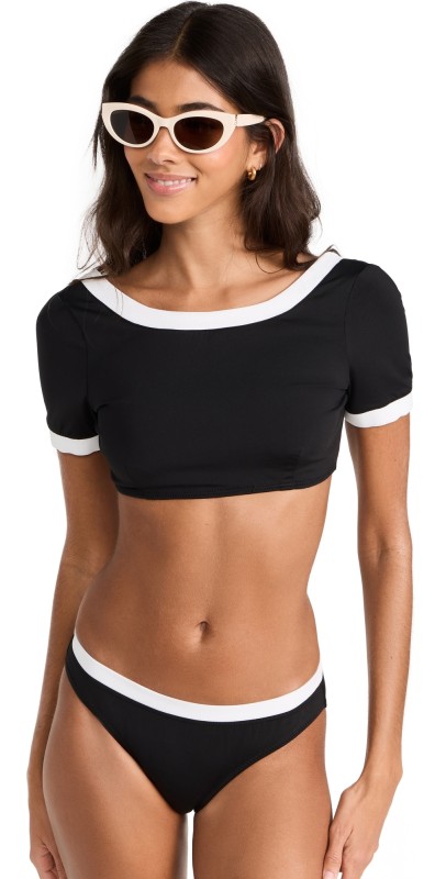 STAUD Lily Short Sleeve Bikini Top Black/White