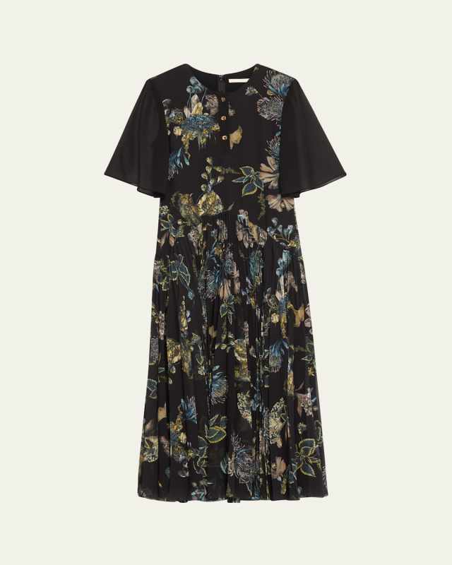 Forest Floral Pleated Drop Waist Midi Dress