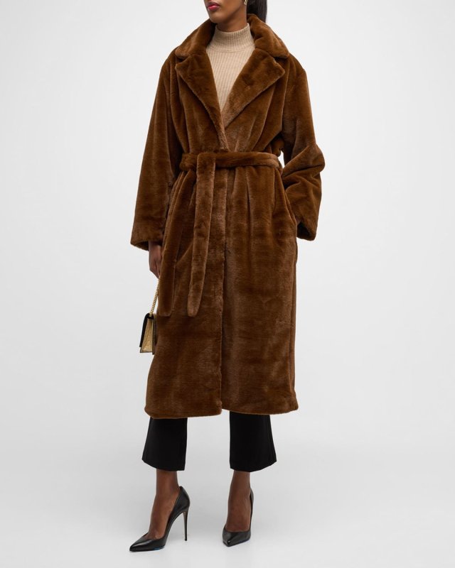 Faux-Fur Robe Coat with Tie Belt