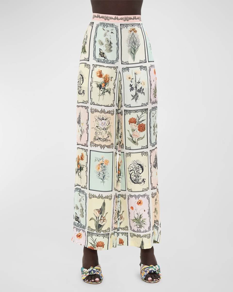 Minimal Postcard-Print Silk Wide-Leg Pants