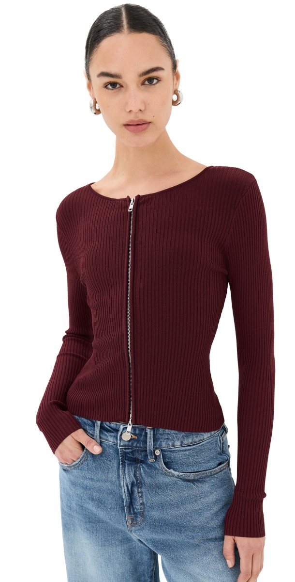 Good American Virgo Rib Zip Front Sweater OxBlood002