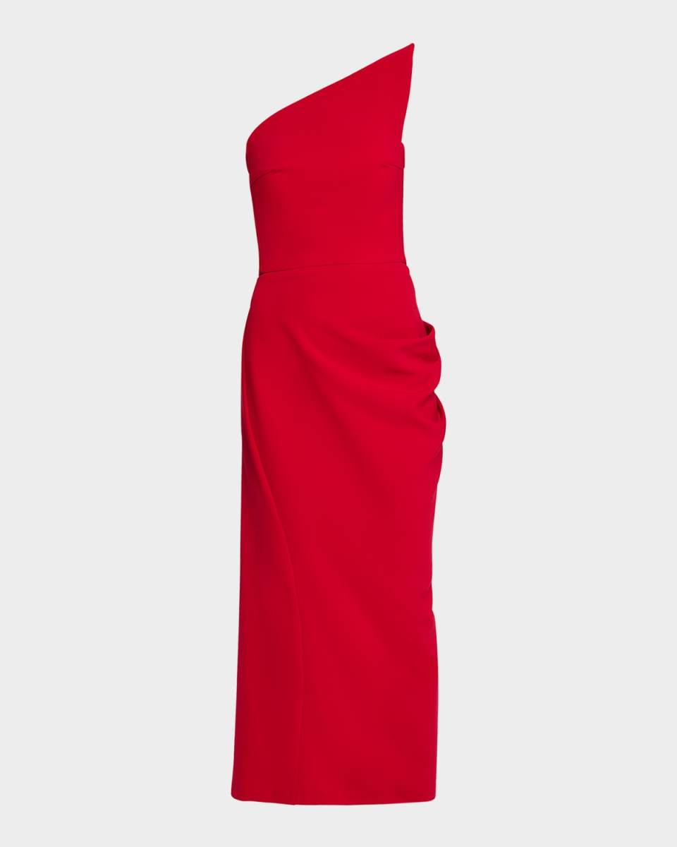 Draped Asymmetric Strapless Midi Dress