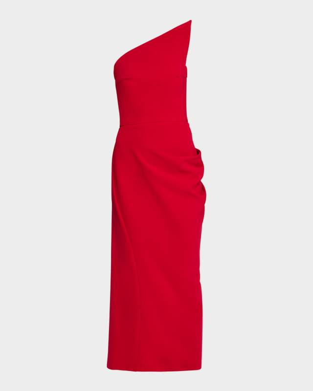 Draped Asymmetric Strapless Midi Dress