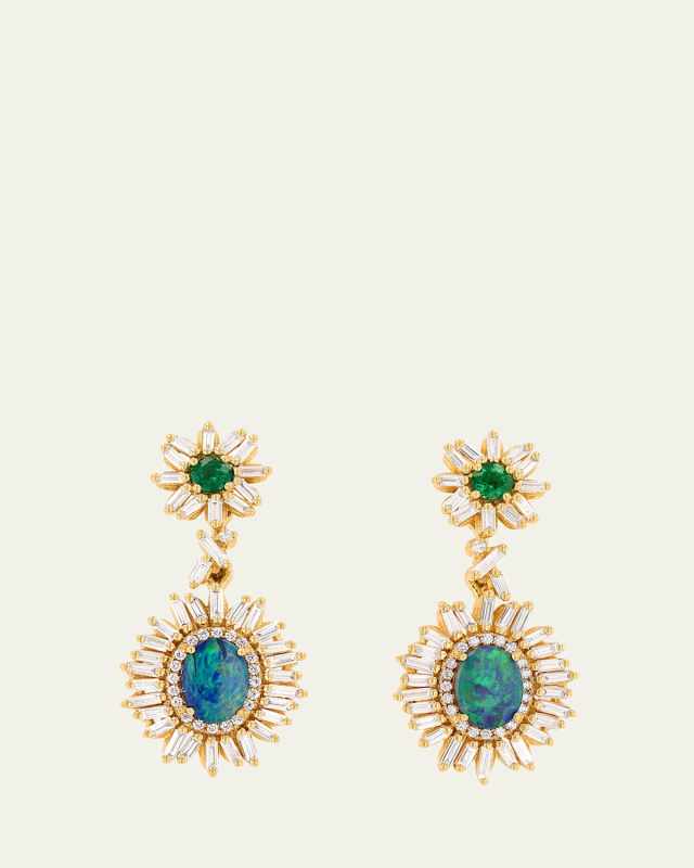 18K Yellow Gold One-of-a-Kind Emerald and Opal Drop Earrings with Diamonds