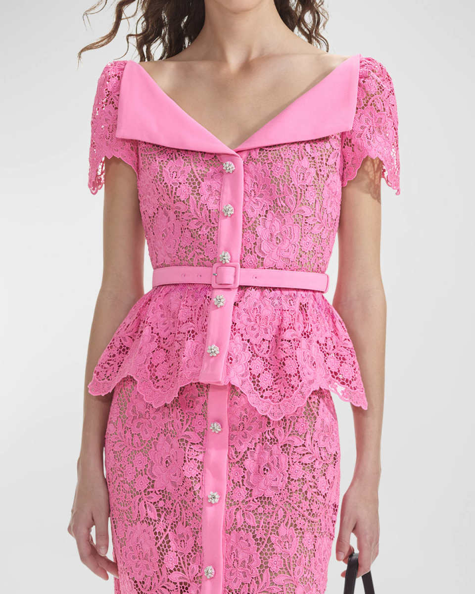 Floral Lace Belted Open-Neck Top