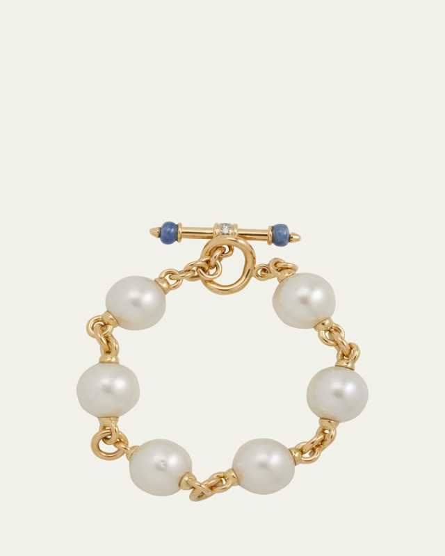18K Yellow Gold Toggle Bracelet with South Sea Pearls, Sapphires and Diamonds
