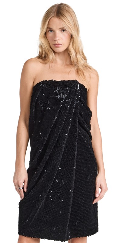 RECTO Velvet Sequin Draped Tube Top Dress Black