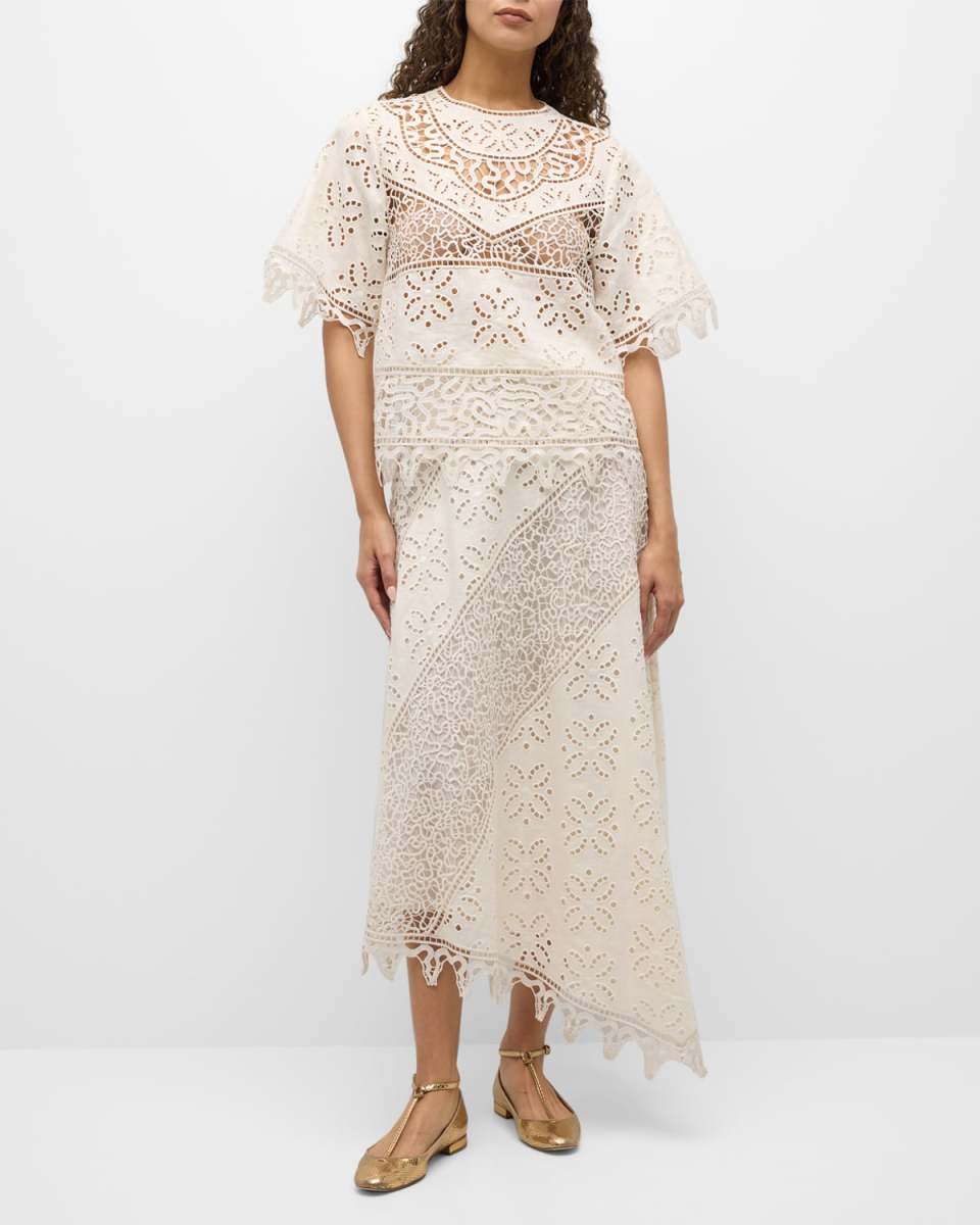 Solara Cutwork Linen Midi Skirt