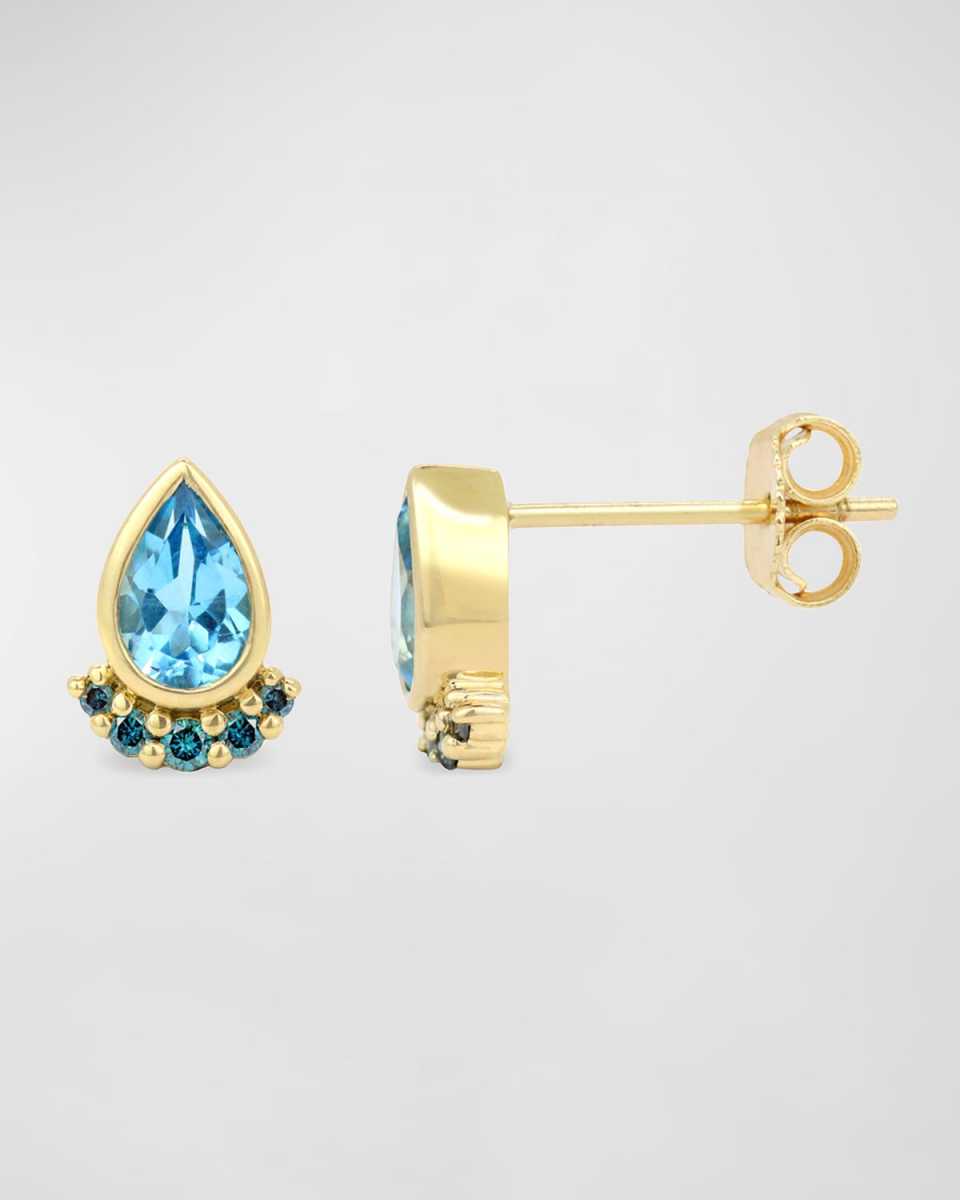Green Tsavorite 14K Yellow Gold Diamond Teardrop Stud Earring, Single