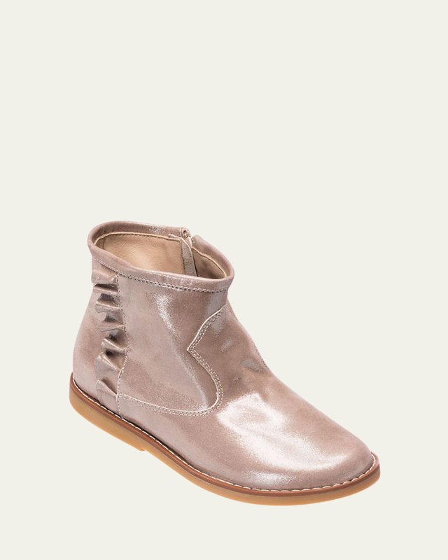 Girl's Ruffle-Trim Metallic Leather Booties, Kids